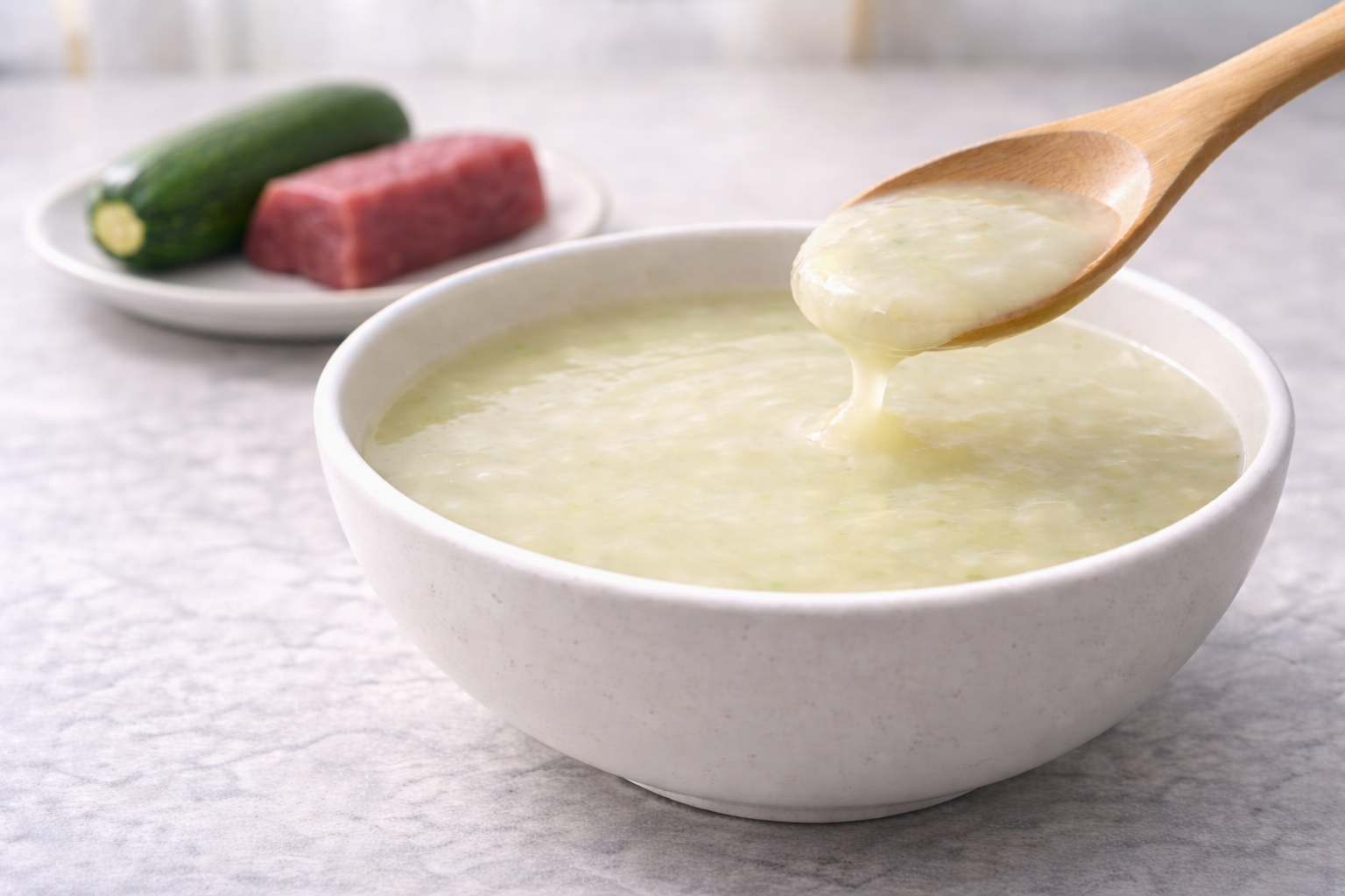 Korean Beef & Zucchini Porridge (Sogogi-Aehobak-Mium) for 6-month-old baby served in a white bowl with very smooth, thin texture and whole zucchini and lean beef in the background
