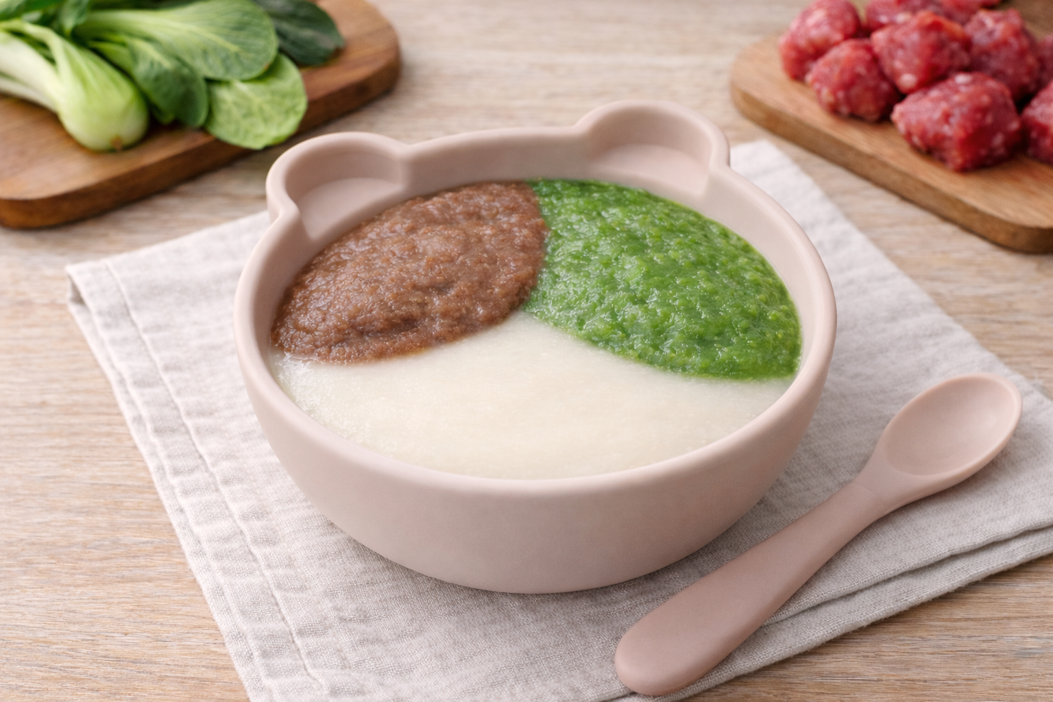 Korean Beef & Bok Choy Porridge served in a bear-shaped silicone baby bowl