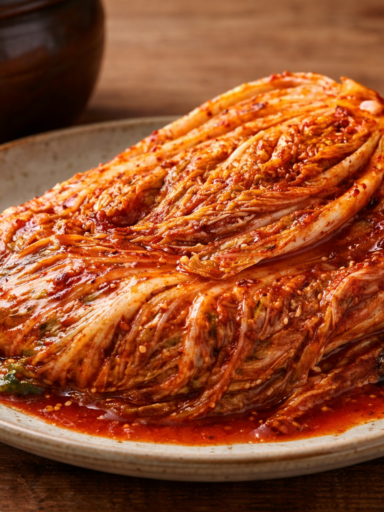 How to make kimchi – traditional napa cabbage kimchi half head on ceramic plate