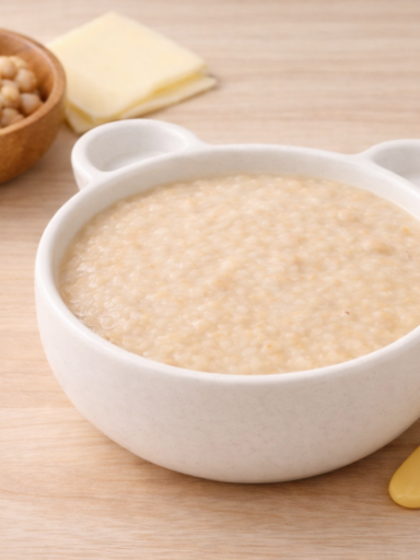 Chickpea Cheese Porridge served in a bear-shaped baby bowl with chickpeas and cheese ingredients