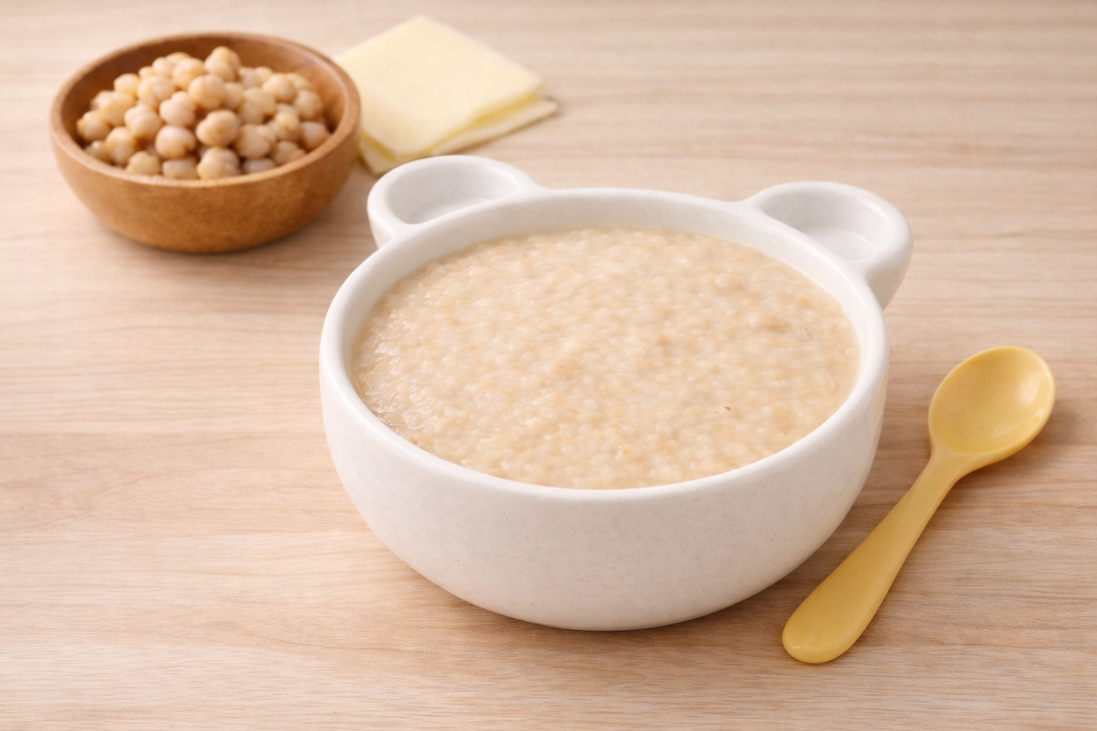 Chickpea Cheese Porridge served in a bear-shaped baby bowl with chickpeas and cheese ingredients