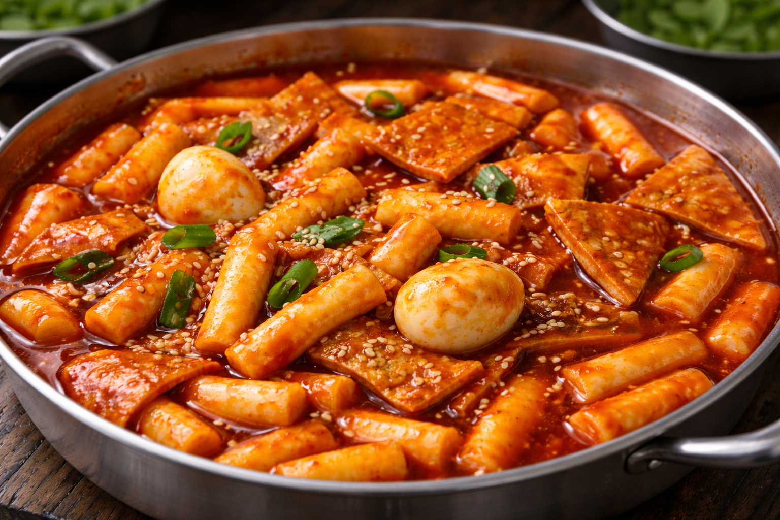 Korean tteokbokki recipe with spicy rice cakes, fish cakes, and boiled eggs in gochujang sauce