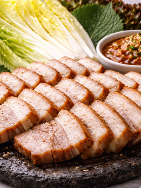Easy Korean Boiled Pork Bossam served with fresh napa cabbage and dipping sauce