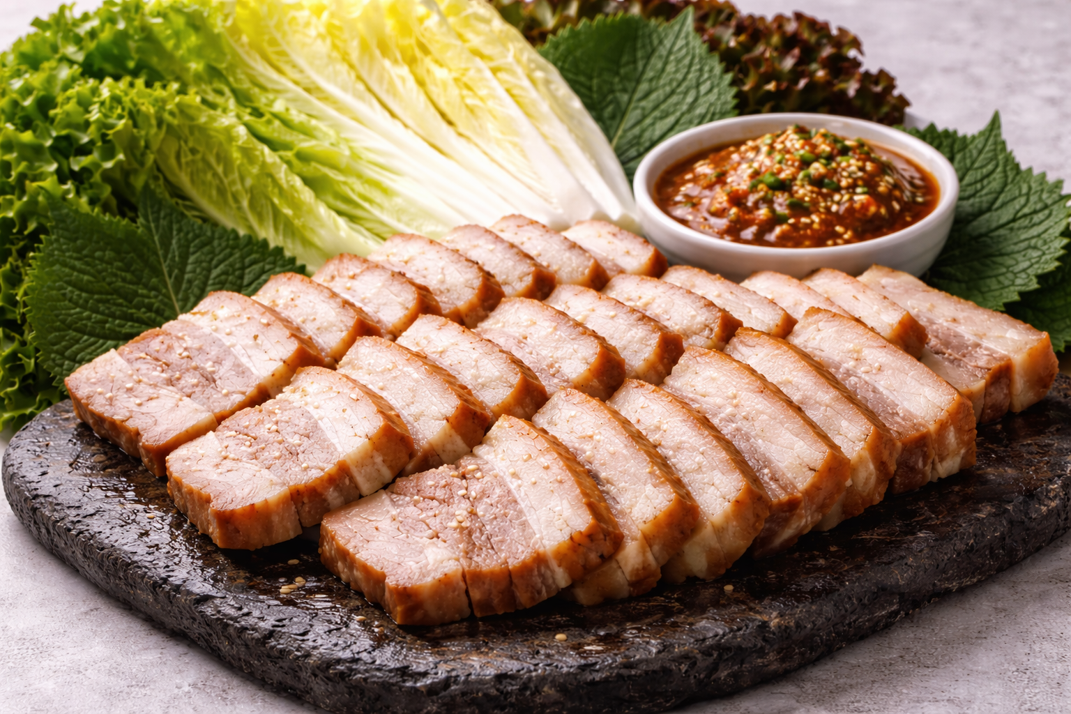 Easy Korean Boiled Pork Bossam served with fresh napa cabbage and dipping sauce