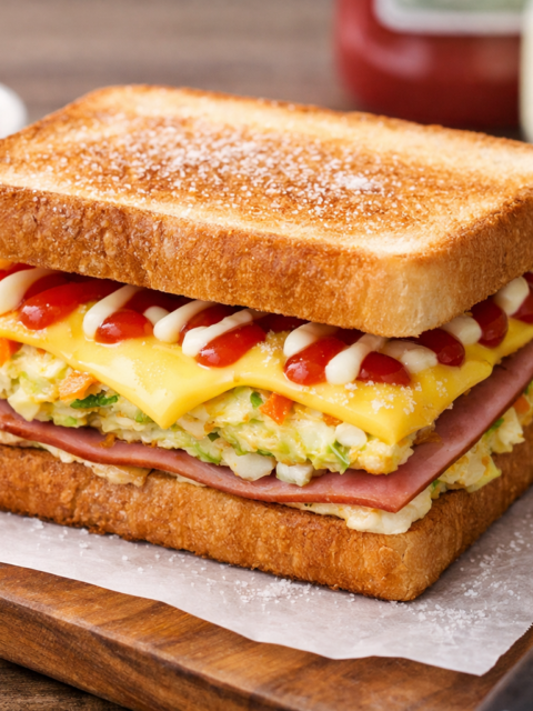 Korean Street Toast (Gilgeori Toast) with cabbage egg patty, ham, cheese, and sugar-dusted toasted bread
