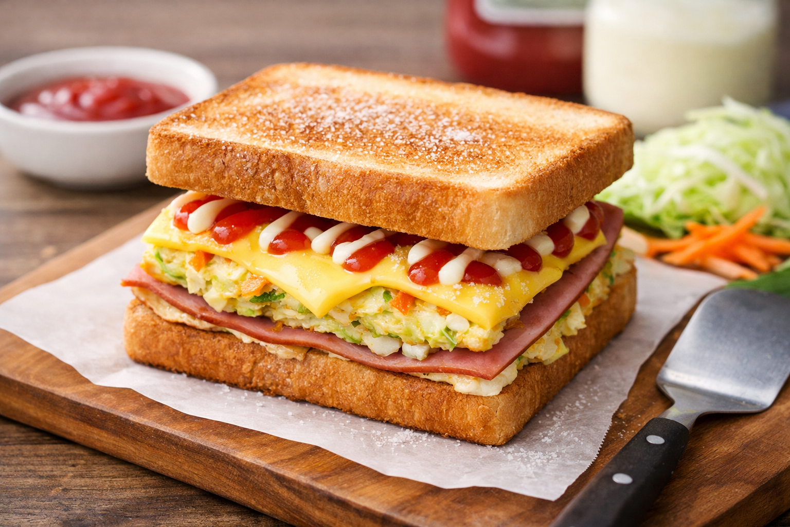 Korean Street Toast (Gilgeori Toast) with cabbage egg patty, ham, cheese, and sugar-dusted toasted bread