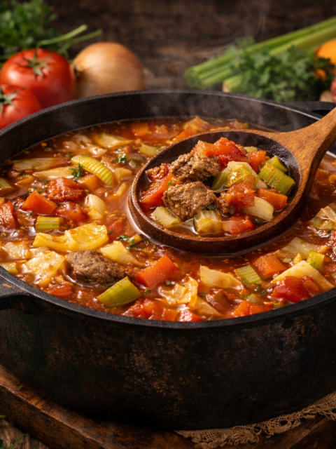 Korean Witch Soup made with cabbage, tomatoes, carrots, celery, and lean beef simmering in a tomato-based broth in a cast iron pot