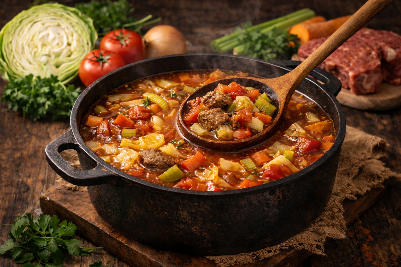 Korean Witch Soup made with cabbage, tomatoes, carrots, celery, and lean beef simmering in a tomato-based broth in a cast iron pot