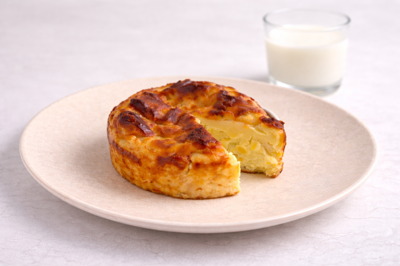 Baby sweet potato Basque cheesecake on a plate with a glass of milk in the background