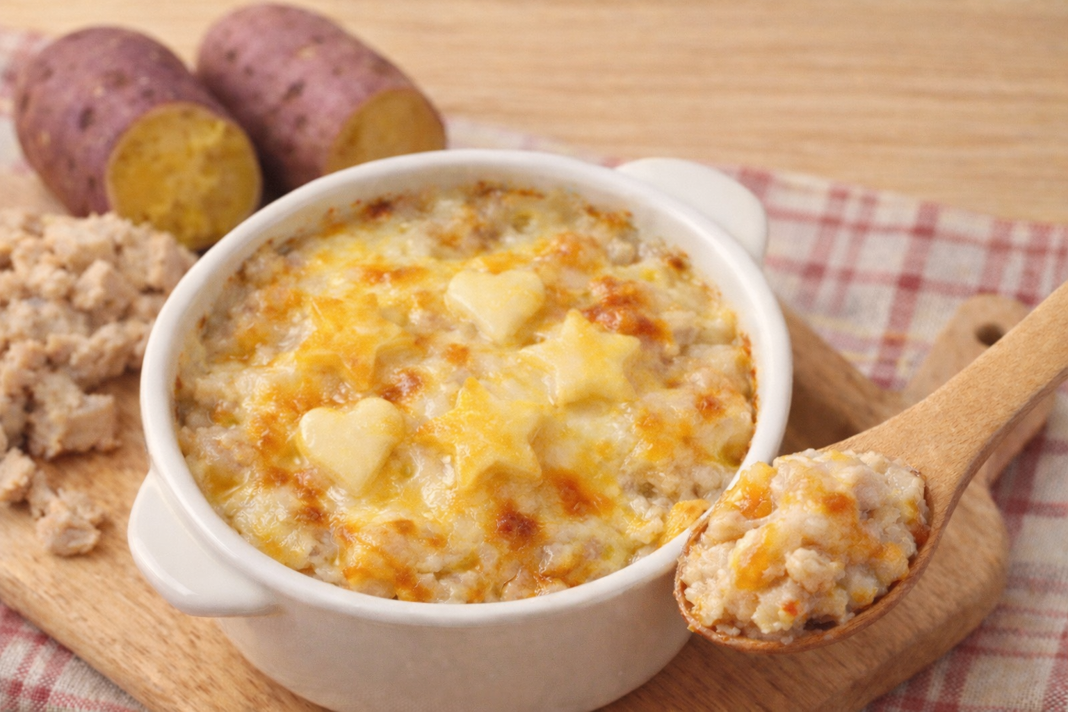 Chicken sweet potato gratin for babies with melted cheese topping and roasted sweet potato ingredients