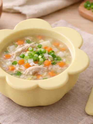 Korean baby chicken soup (Dak-Gomtang) served in a pastel flower-shaped baby bowl with finely chopped chicken, carrot, and radish
