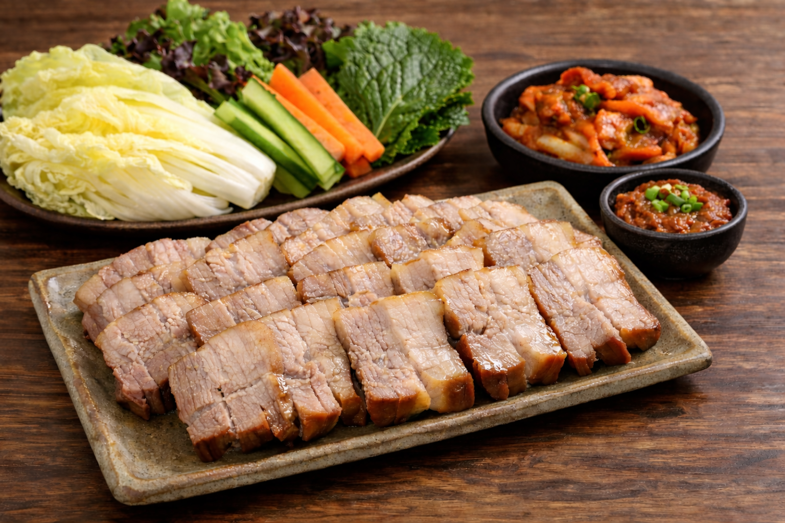 Korean bossam recipe with sliced boiled pork served with napa cabbage, kimchi and ssamjang