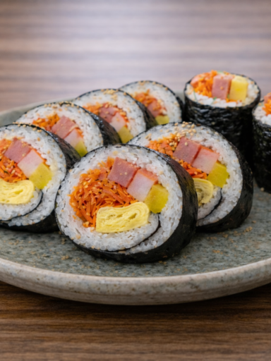 Korean kimbap recipe with shredded carrots, ham, crab sticks, pickled radish, and egg omelet wrapped in seaweed