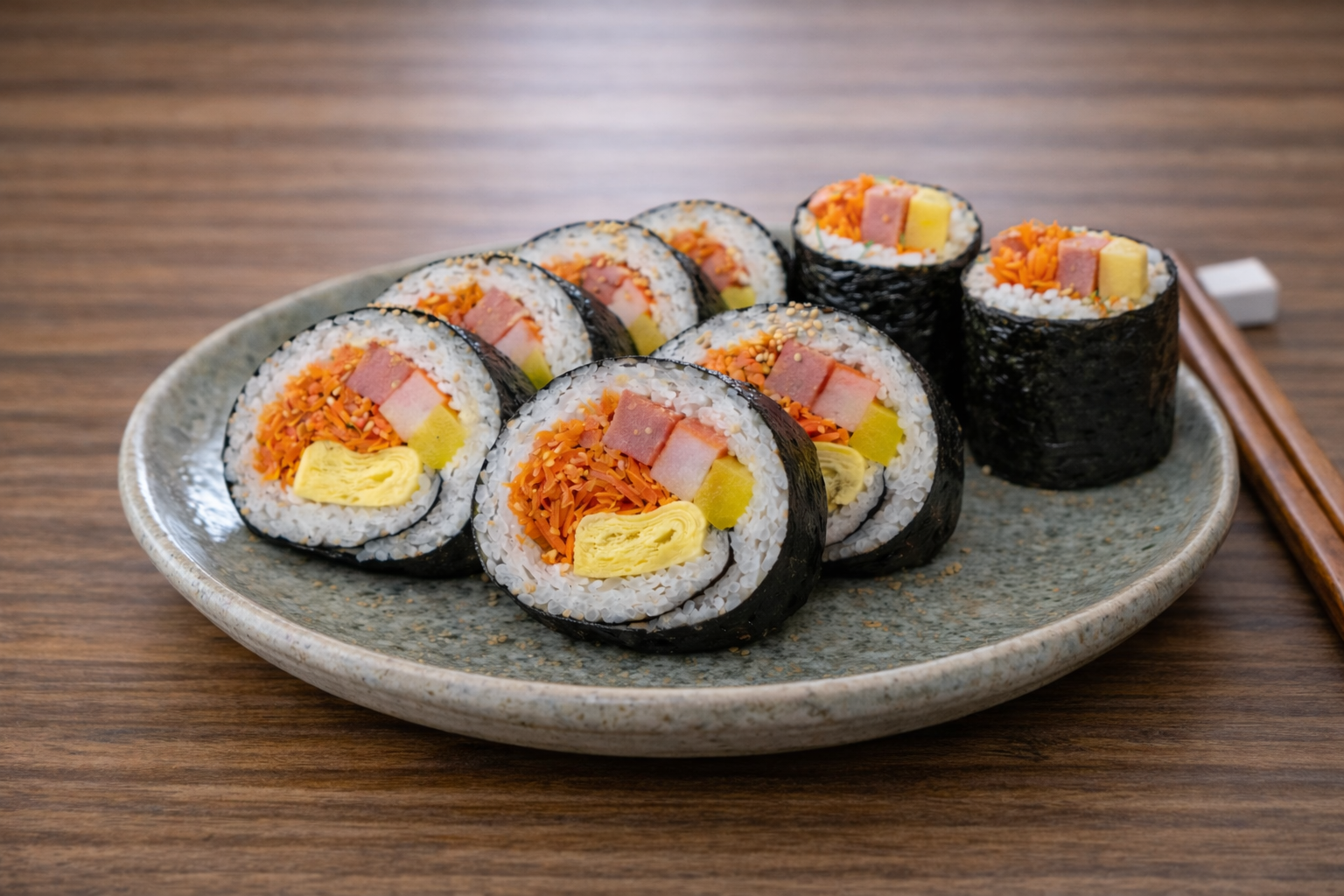 Korean kimbap recipe with shredded carrots, ham, crab sticks, pickled radish, and egg omelet wrapped in seaweed
