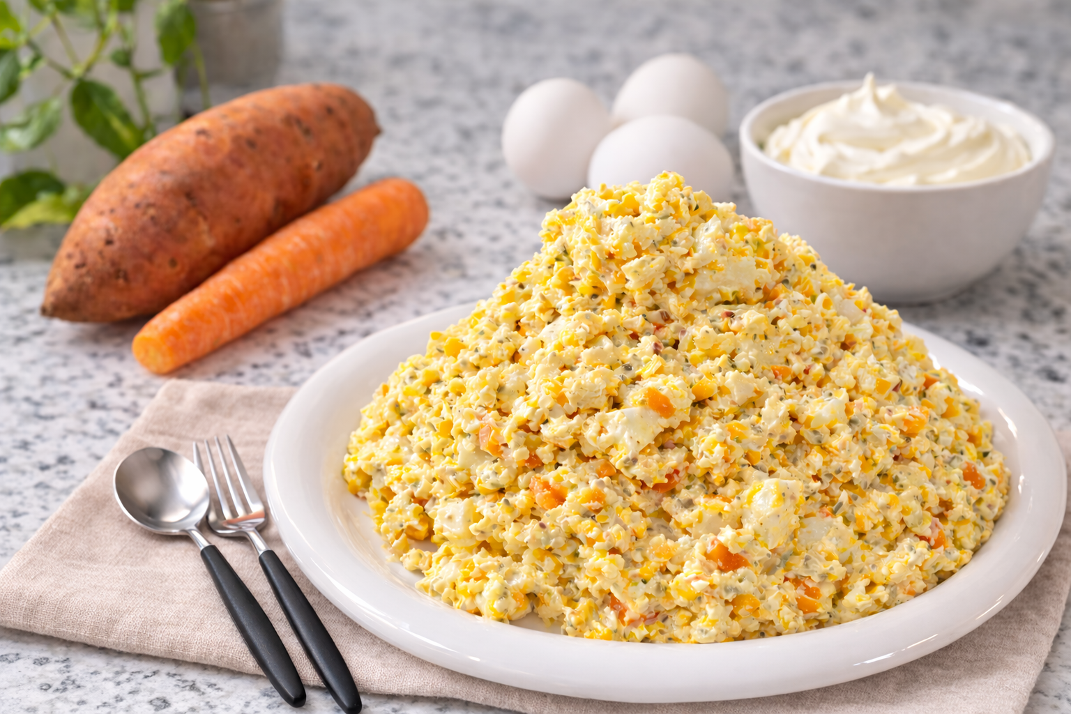 sweet potato egg salad with carrots eggs and Greek yogurt on white plate