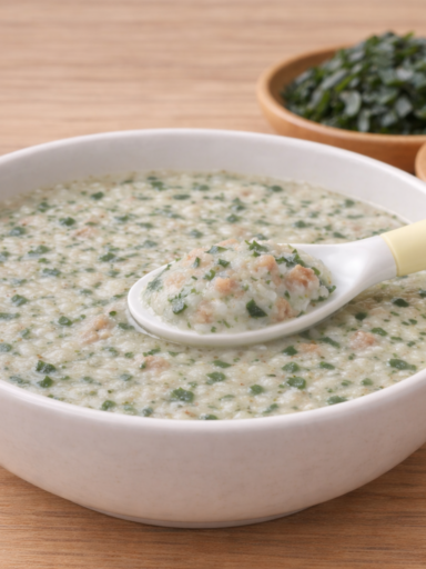 Korean beef seaweed porridge for babies with finely minced beef and soft chopped seaweed in a smooth Juk texture