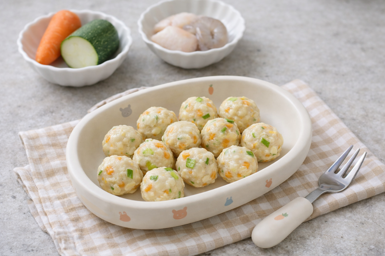 Homemade baby fish cakes made with white fish, shrimp, carrot, and zucchini served in a cute baby dish