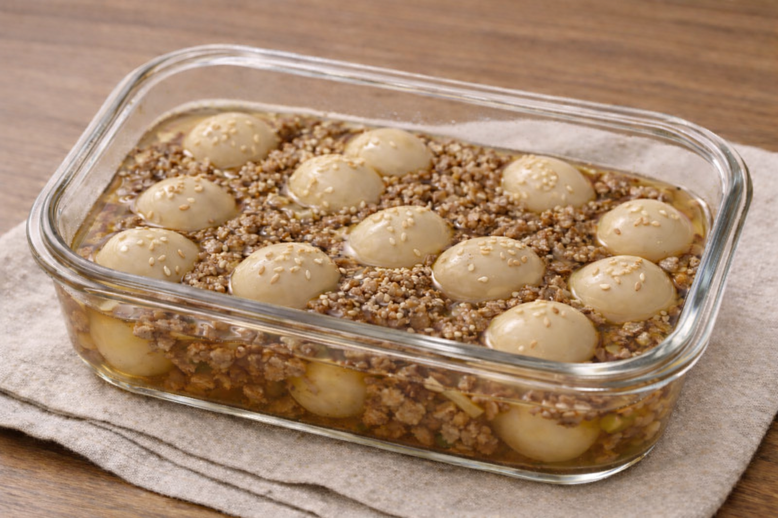 Baby quail egg jangjorim with ground beef in a light soy-style broth