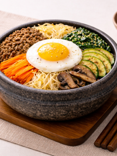 Korean bibimbap with rice, beef, vegetables, and fried egg in a stone bowl