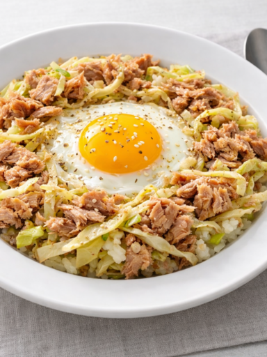 Korean cabbage tuna rice bowl with stir-fried cabbage, canned tuna, rice, and a sunny side egg