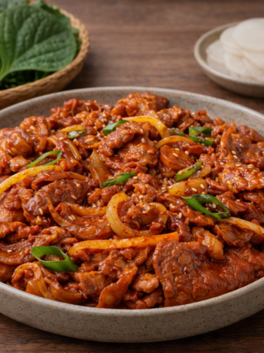 Jeyuk Bokkeum Korean spicy pork stir-fry served with lettuce wraps and side dishes