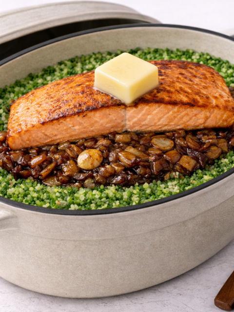 Korean salmon pot rice (sotbap) topped with butter, soy-braised onions and garlic, and chopped scallions in a white cast iron pot
