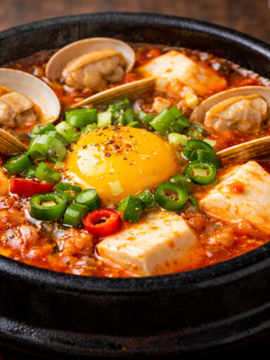 Sundubu Jjigae, a spicy Korean soft tofu stew with egg, clams, and green onions in a bubbling stone pot