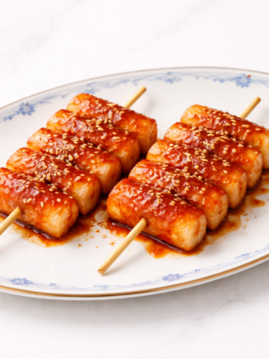 Korean tteokkochi rice cake skewers coated in sweet and spicy gochujang sauce served on a white plate