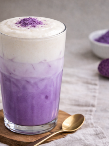 Creamy ube latte with Korean cafe style cheese foam in a clear glass, layered purple yam milk drink topped with whipped foam and ube powder