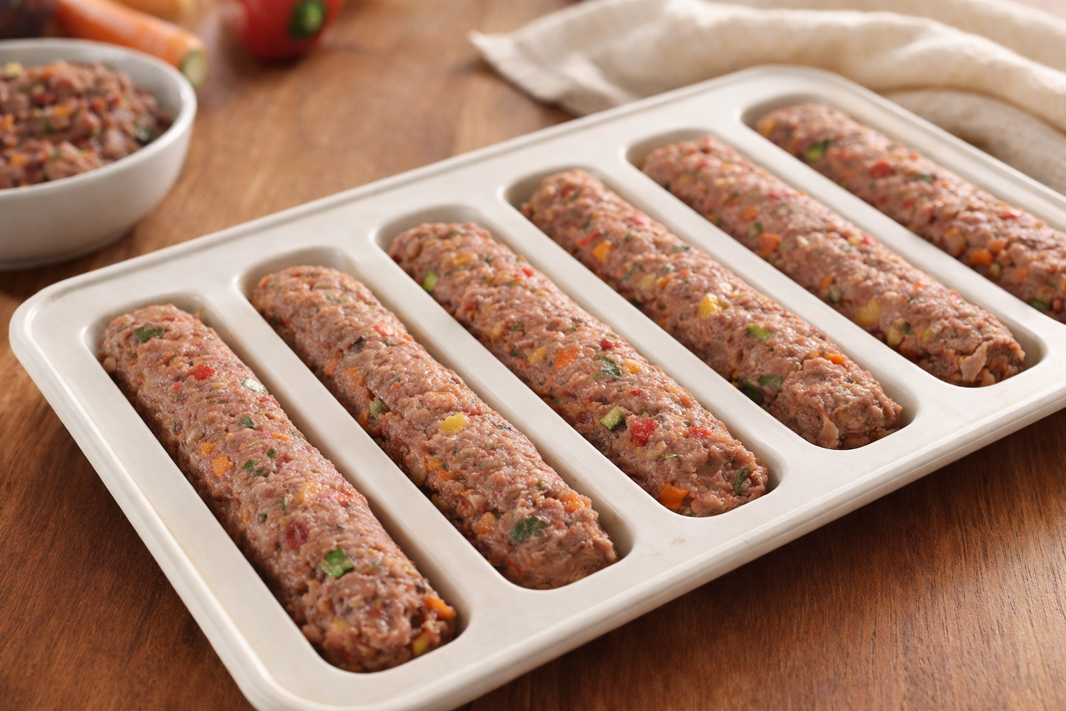 Homemade baby beef sticks with vegetables placed in a silicone mold tray for baby food preparation